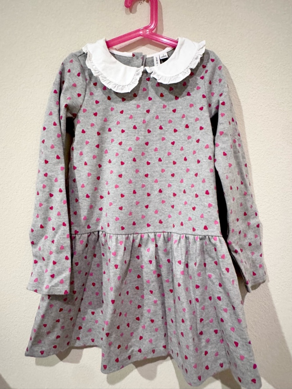 Janie and Jack Gray Dress with Pink Heart Print and White Peter Pan Collar